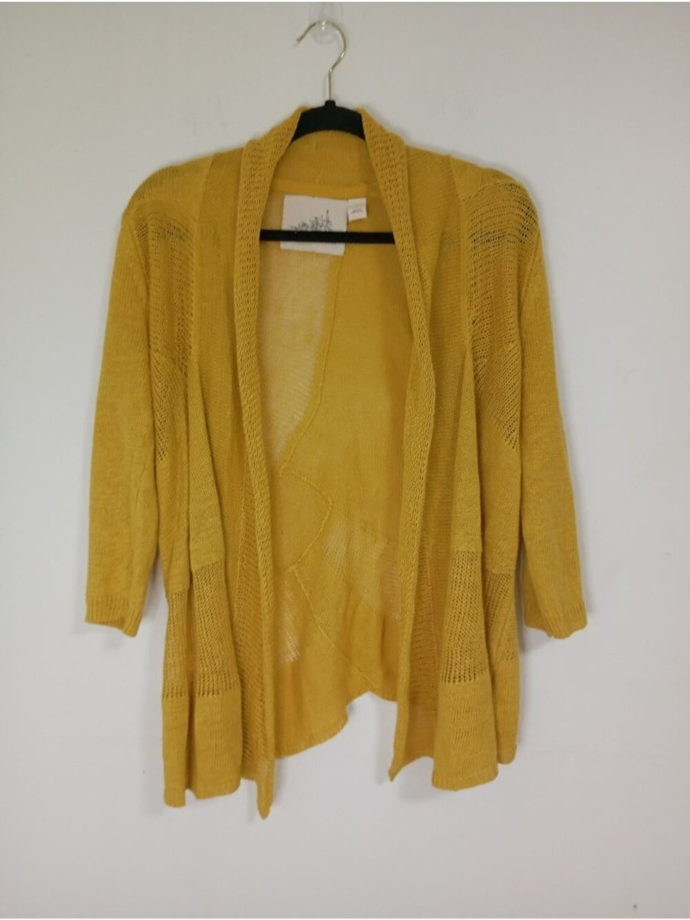 Angel Of The North Yellow Open-Front Lightweight Knit Cardigan Size L 100% Linen